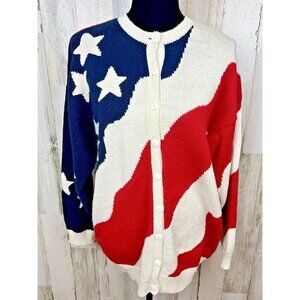 Patriotic Cardigan VTG American Flag Novelty Knit Sweater Lauren Hansen L  Ramie